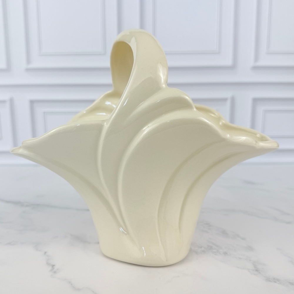 VTG Hand Glazed Ceramic White Basket 7 1/2 tall X 4 1/2 wide X 9" long SIGNED